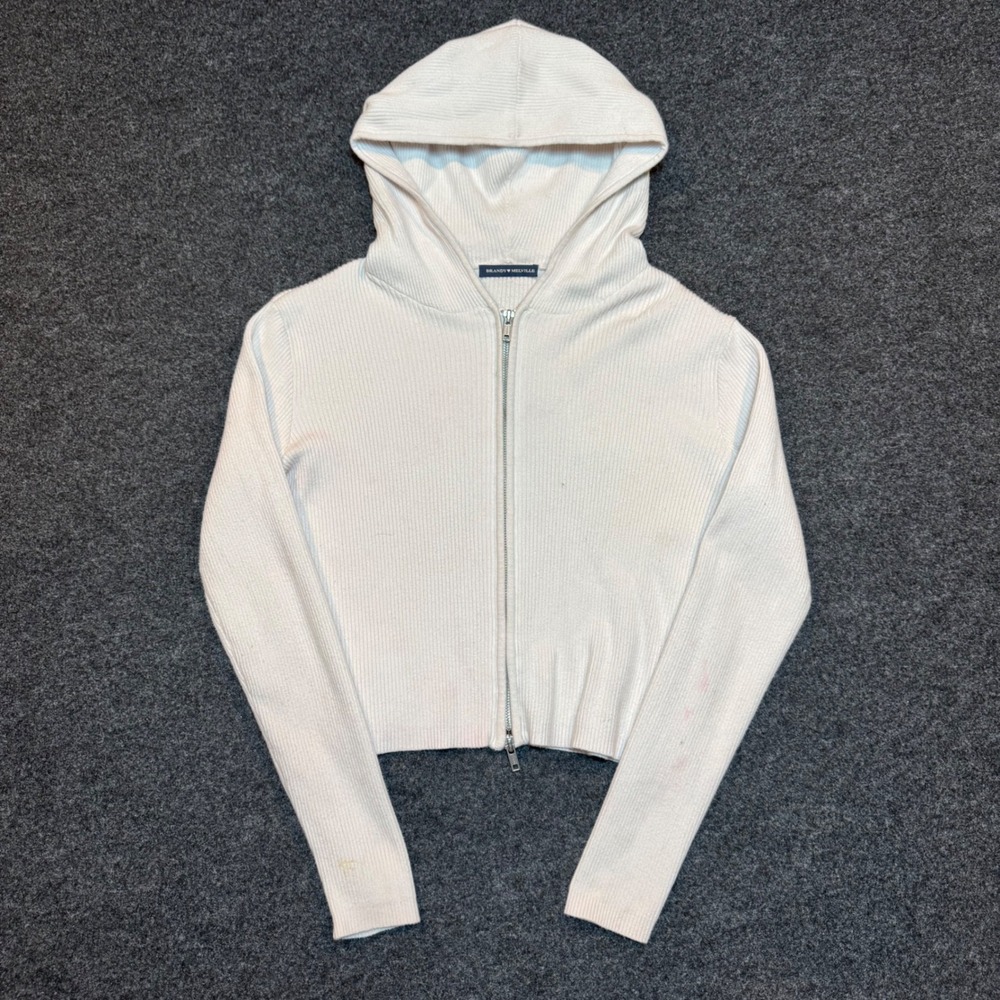 Brandy Melville Zelly Ribbed Knit Full Zip Cropped Hoodie Cream Off White OS